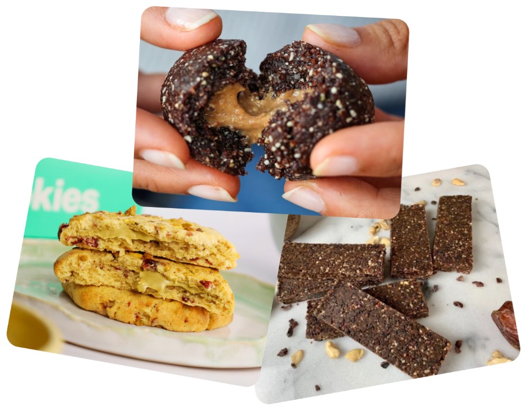 Private label snacks: nut-butter filled energy ball, pistachio-filled cookie, and seed and nut bars